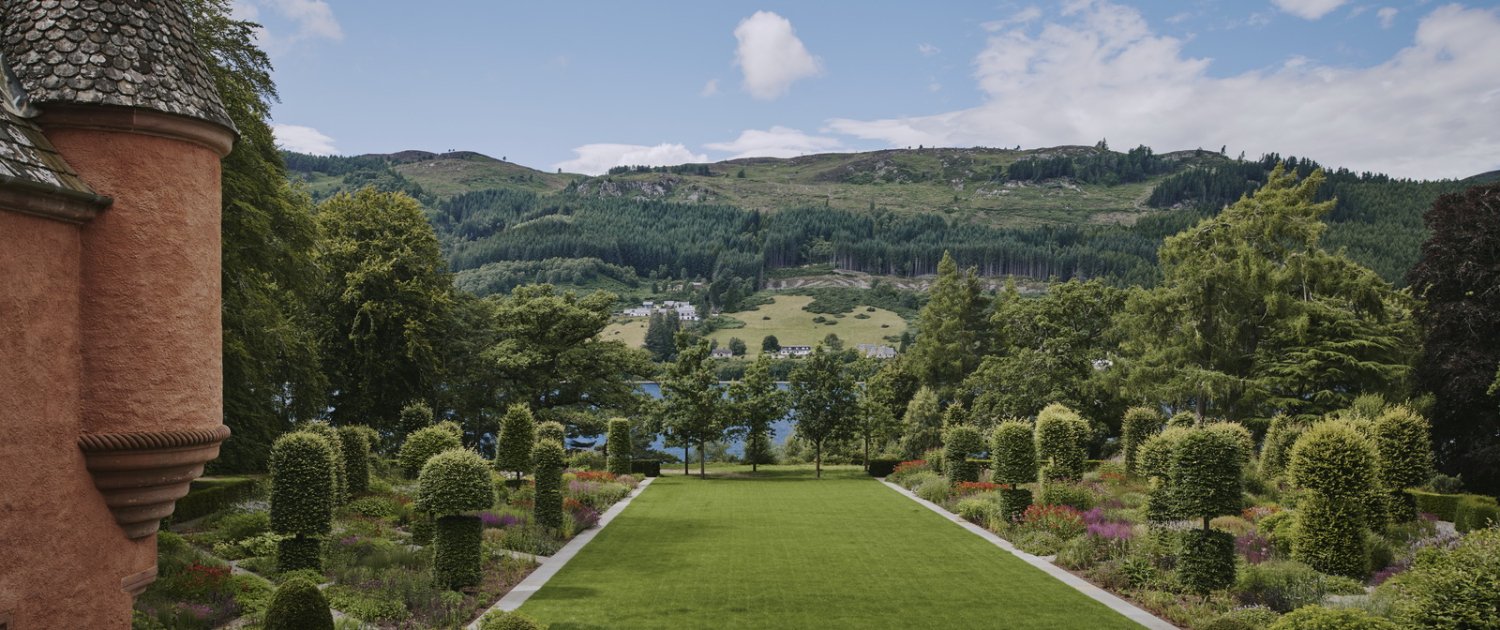 Aldourie - View over the gardens View from Aldourie Castle down to Loch Ness
